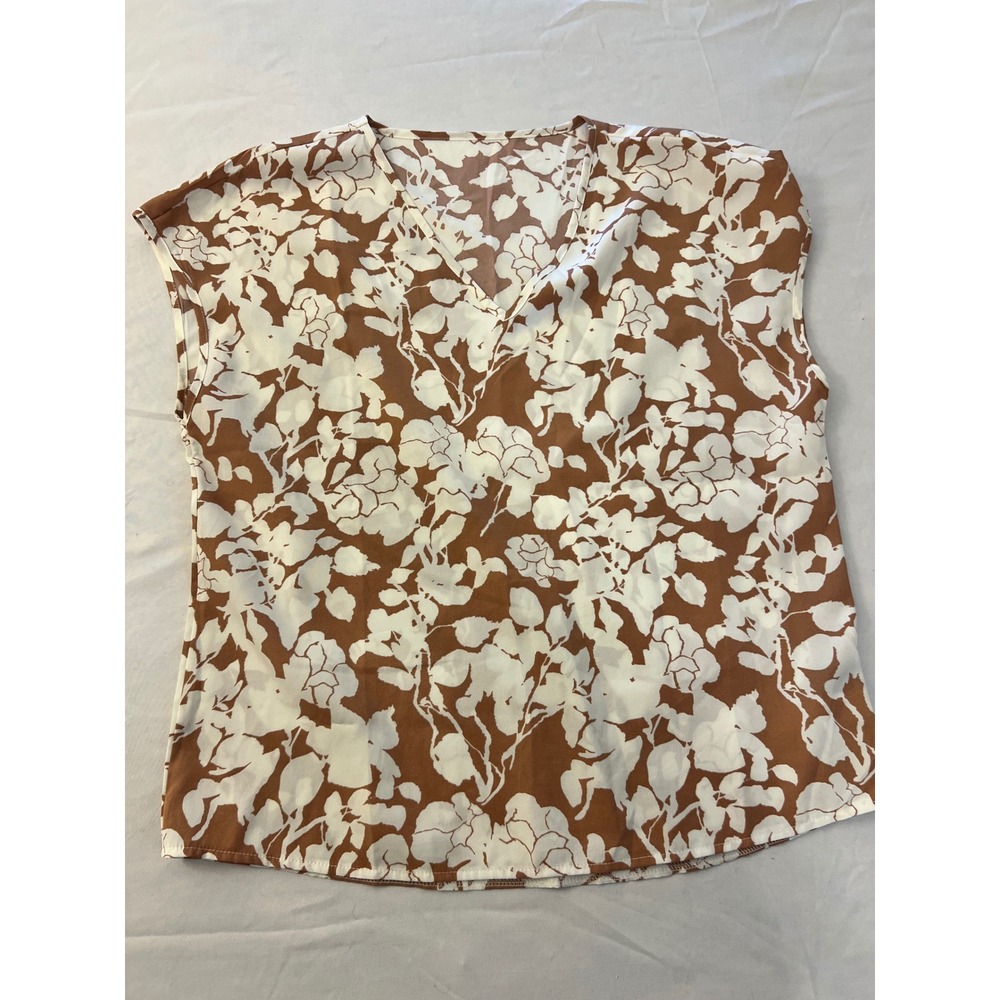 Emery Rose Women's L Brown Cream Floral V Neck Blouse Cap Sleeve Boho